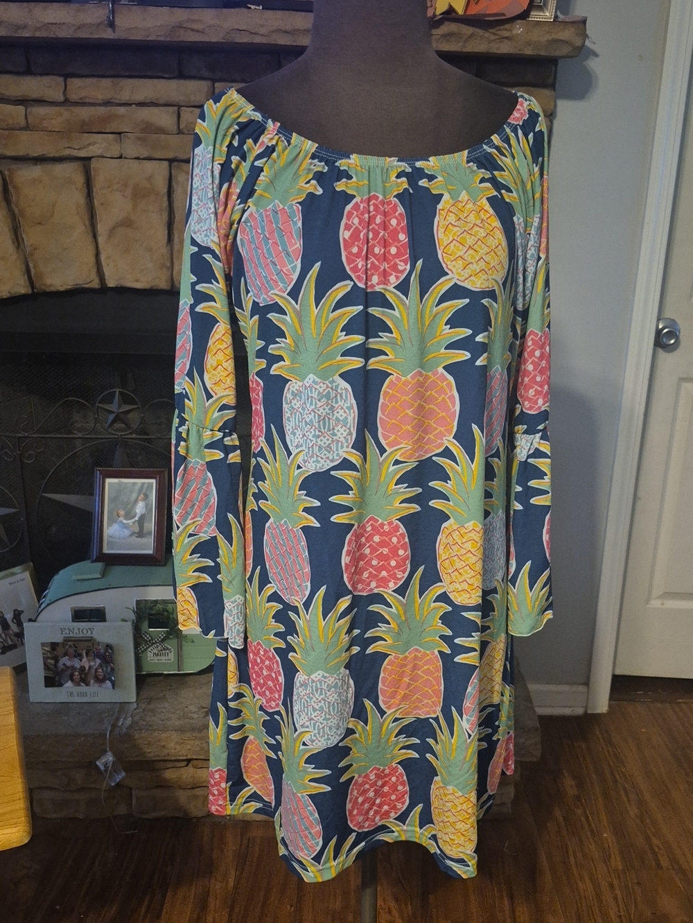Simply Southern Pineapple Dress Blue Mini Large Bell Sleeve Summer Preppy